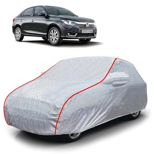 Image of Sulfar 100% Waterproof Car Body Cover Compatible with Mirror for Honda Amaze (Triple Stitched, Full Bottom Elastic, Magic Silver with Red Piping)