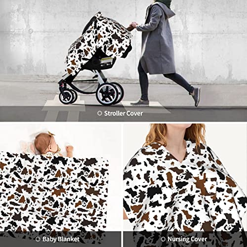 Image of Black Brown Cow Print Baby Car Seat Canopy Cover 39x27.5 Inches Multi Use Nursing Cover for Newborn Car Seat Canopy Mom Nursing Breastfeeding Covers Newborn Shower Gifts