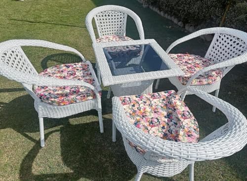 Image of PRATHAM India Patio 4+1 Furniture Set Bistro Set Porch Backyard Garden Outdoor Furniture Rattan Chairs and Table Wicker Conversation Set (White with Black Lines, Multicolor Cushion 4+1 Square Table)