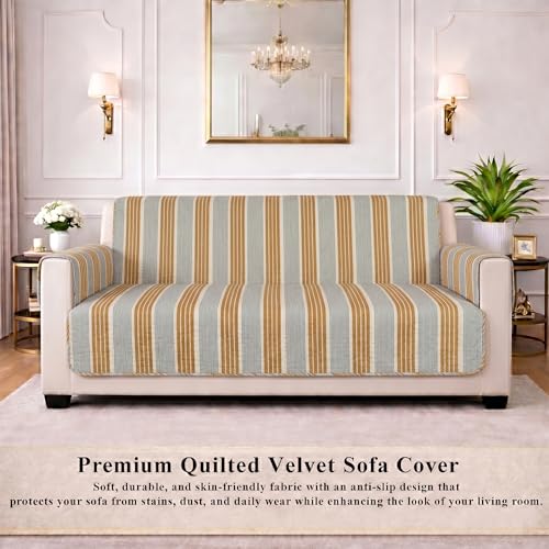 Image of STITCHNEST 'CloudFeel Series' Quilted Printed Velvet Sofa Cover for 2 Seater | Premium Soft Velvet Sofa Protector | Mustard Black Striped Design with Armrest Pockets | Furniture Cover