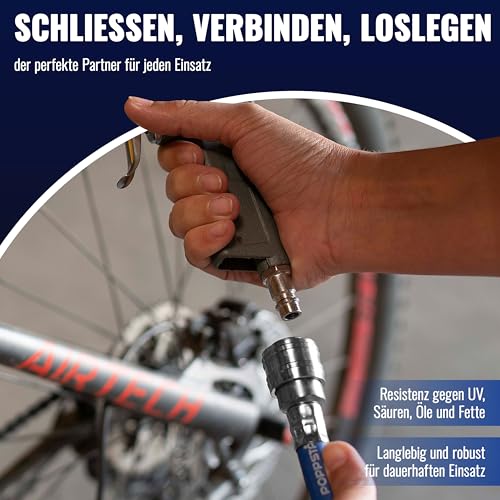 Poppstar Druckluftschlauch 10 m (Hybrid PVC mit Gewebe, Innendurchmesser 9,2mm mit Schnellkupplung & Kupplungsstecker) bis 20 bar, blau