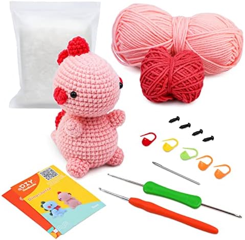 Huaiid Beginners Crochet Kit,Complete Crochet Starter Kit for Adults and Kids,DIY Animal Crochet Kit with Crochet Accessories and Instructions(Pink Dinosaur)