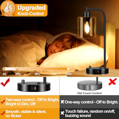 Lynnoland Set of 2 Industrial Table Lamps with USB C+A Ports and Outlet, Black Nightstand Lamps with Amber Glass Shade for Reading Living Room Office (2 LED Bulb) by Lynnoland - Used condition - Image 3