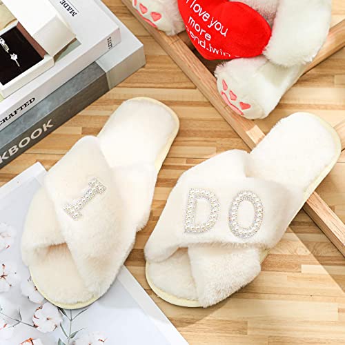 Xuhal Bride Slippers I Do Slippers Women's Wedding Shoes for Bride Plush Furry Warm White Open Toe Cozy Fluffy Bridal Party Wedding Fuzzy Soft House for Bachelorette Party3