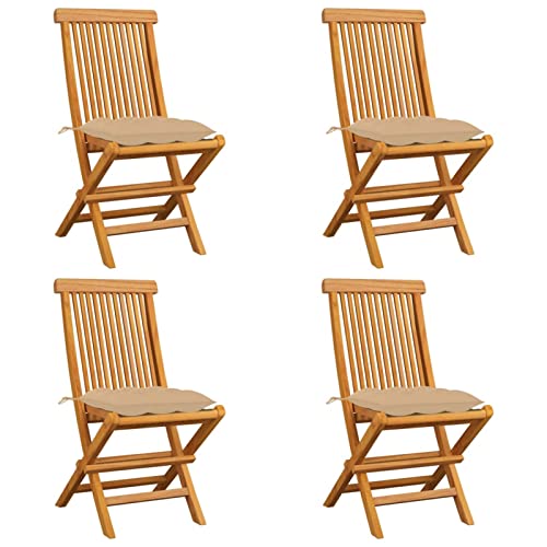 Cinyiqo Sillas de jardín 4 uds, Sillas Terraza Exterior, Silla Playa Jardin, Sillas Exterior Jardin, Sillas Balcon, Muebles Jardin Exterior Conjunto, Madera Maciza de Teca con Cojines Beige