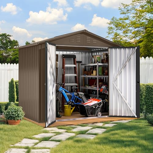 Image of DWVO 6x4ft Outdoor Storage Shed, Lockable Metal Tool Storage Sheds, Waterproof Garden Sheds with Vents for Backyard, Patio, Garage, Lawn, Brown