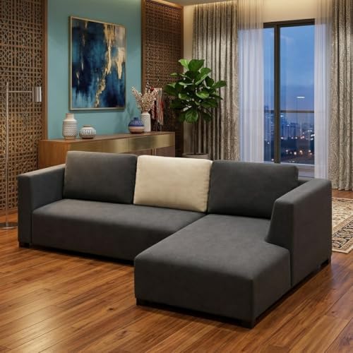 Image of FURNY Olympus 4 Seater RHS L Shape Sofa Set | Plush Velvet Suede Fabric | Modern Design | Soft Comfort Dual Color Cushions for Living Room, Office & Hotels (Dark Grey-Cream)