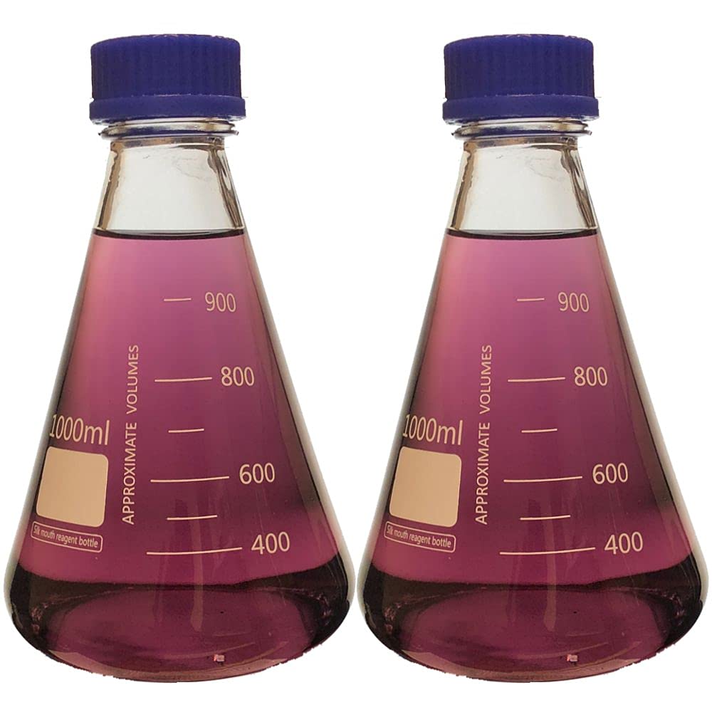 1000ml Erlenmeyer Flask with Blue Screw Cap, Borosilicate Glass, Graduated (Pack of 2)
