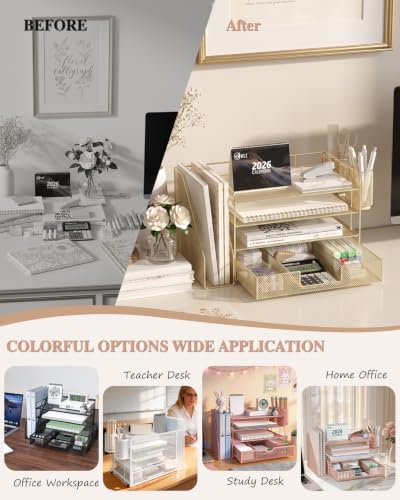 Image of WALI Desk File Organizer, 4 Tier Desktop Paper Letter Tray Organizer with Drawer and 2 Pen Holders, Office Desk Accessories & Workspace Organizers for Office, Home, School Supplies, 1 Pack, Gold