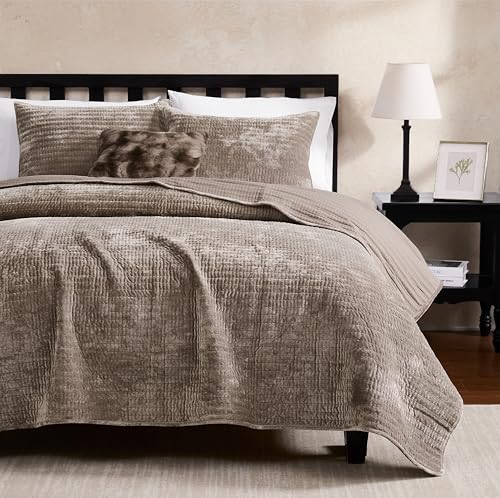 WDCOZY Velvet King Size Quilt Set - Brown Taupe Tan