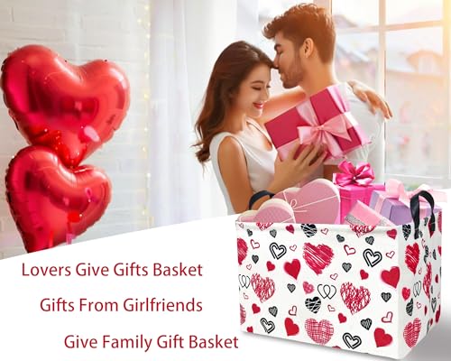 Image of Valentines Day Basket Large Foldable Heart Shaped Storage Box for Gifts Kids Empty Storage Bins Rectangular Toy Organizer Decor (Black Pink Line Love)