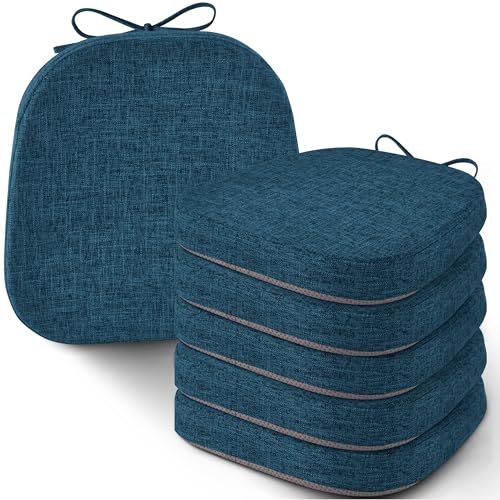 Image of AddGrace Set of 6 Chair Cushions for Metal Dining Chairs 14x14 Navy | Non Slip,Washable Removable Cover with Ties, Textured, for Kitchen Dining Room Indoor, Hard Wooden Chairs, Family Gathering