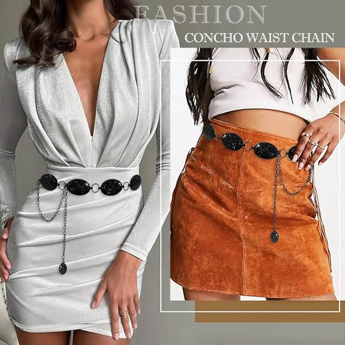 Image of Rhinestone Concho Belt for Women, Western Cowgirl Crystal Chain Belt for Country Concert Party Outfit