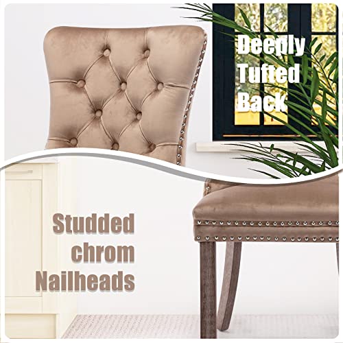 SoarFlash Velvet Dining Chairs Set of 6 Tall Back Side Chair Modern Upholstered High end Tufted Side Chair with Button Back Ring Solid Wood Legs Khaki