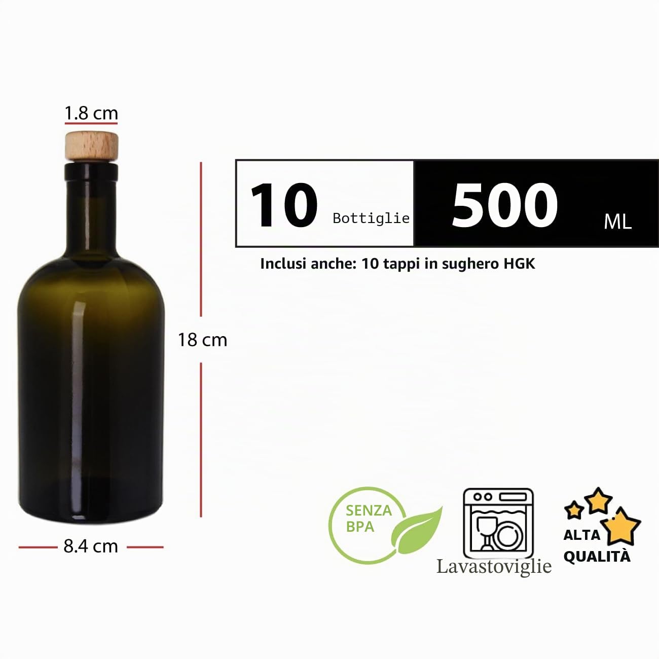 Bottigliette Vetro con Tappo Sughero - 500 ml - Bottiglia Vuota in Vetro per Vino, Liquore, Acqua, Succo di Frutta, Conserve, Latte, Olio, Birra, Vino, Estratti, Amari (10 x 500 ml)