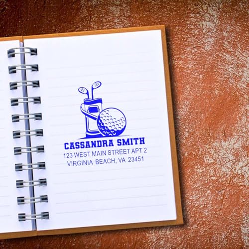 Image of Slim Pre Inked Rubber Stamp Golf Gear Essentials - Scrapbook and Journal | Golfer Gift Stamp. Compact Address Stamp. Choice of 5 ink colors. Laser-cut lettering. Up to 15,000 impressions. Stores flat.