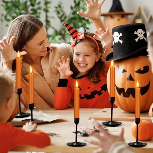 Image of Orange Flameless Taper Candles, 6 Inch Plastic Battery Operated Candles with Remote, Flickering Short Led Candleticks for Fall, Thanksgiving, Harvest, Halloween Decor, 6 Pack