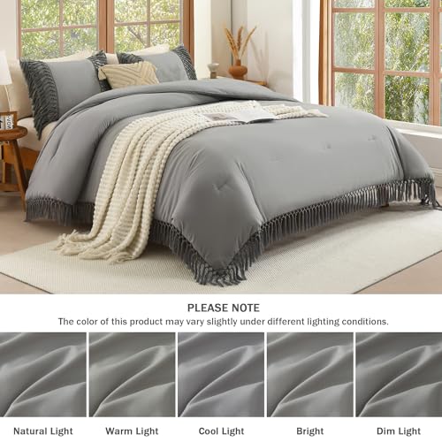 Image of Andency Comforter King Size Set Medium Grey, 3 Pieces Boho Tassel Lightweight Fluffy Bedding Comforters & Sets, Soft All Season Bed Set (104x90In Comforter & 2 Pillowcases)