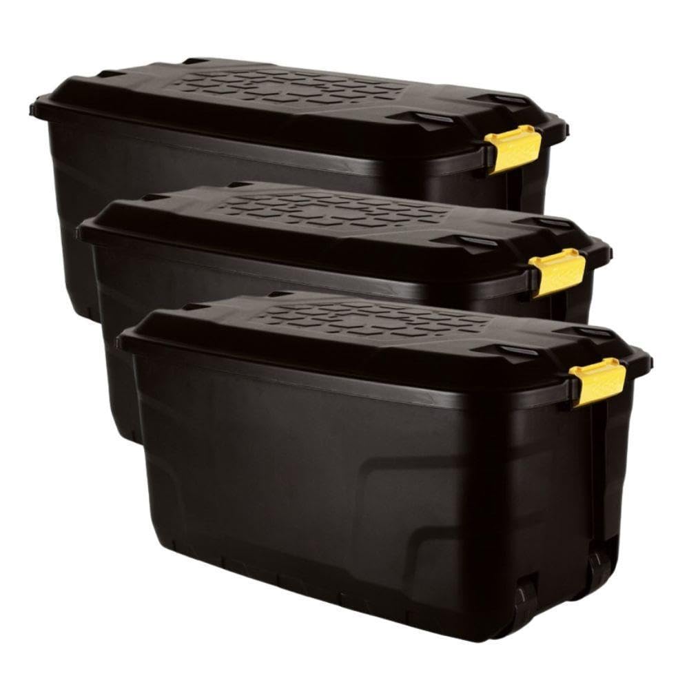 Original Organics Black 145L Heavy Duty Plastic Storage Trunk With Wheels – Extra Large Garden & Garage Storage Box, Lockable Clip Lid, Mobile Tool And Equipment Storage, Water Resistant - Set Of 3