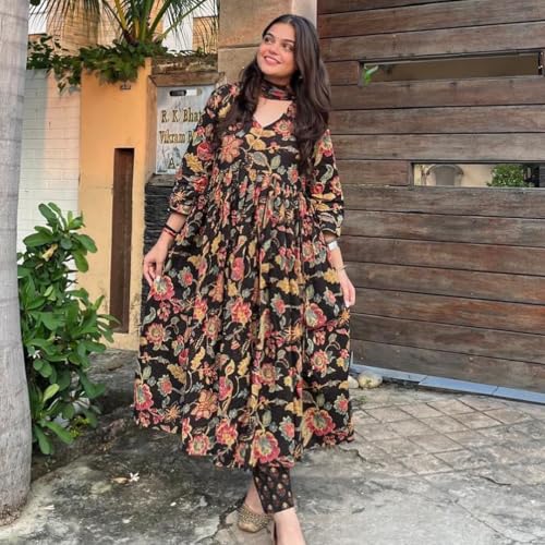 Image of GoSriKi Women's Rayon Viscose Anarkali Printed Kurta with Palazzo & Dupatta