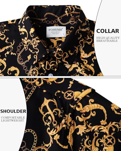 Mens Luxury Shirts Black Gold Chain Print Dress Shirt Baroque Short Sleeve Casual Button Down Design buchona Shirts3