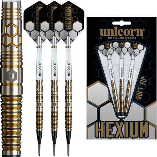 Unicorn Hexium Style 3 | Barriles torpedo de oro de 90% tungsteno con anillos negros | Juego de dardos de punta suave | Vuelos ultrafly duraderos e impresionantes | Puntos épicos | 23 g