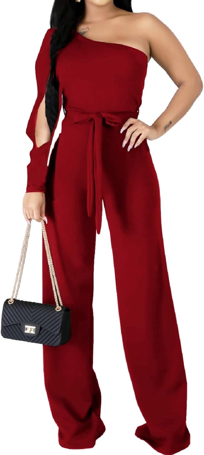 CuteCherry Women Elegant Jumpsuits For Elegant One Sleeve Sexy Straight Long Pants Rompers With Pockets - Image 3