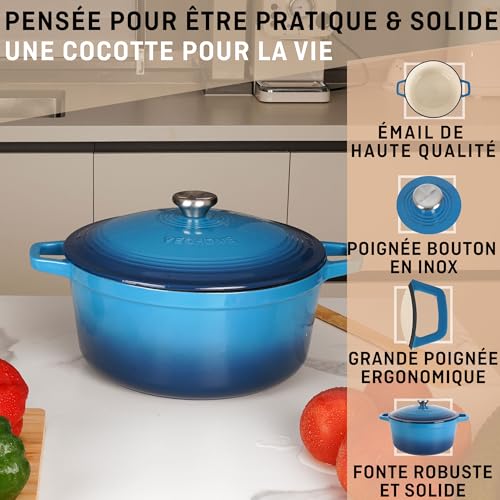Cocotte Fonte Émaillée VeoHome 6L, Faitout Ultra Résistant,Marmite Compatible Induction/Gaz/Four, Cuisson Homogène, Saveurs Authentiques, Couvercle Relief (Bleu, Ronde 6 Litres (28 cm)) – Image 5