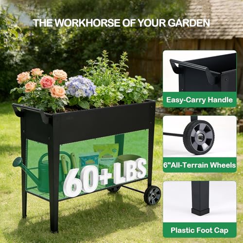 Image of 2-Pack 32 inchHeight Elevated Raised Garden Bed with Wheels & Storage Shelf, 400 Lbs Capacity, Anti-Rust, Space-Saving Planter for Vegetables, Herbs, Patio, Balcony, Backyard