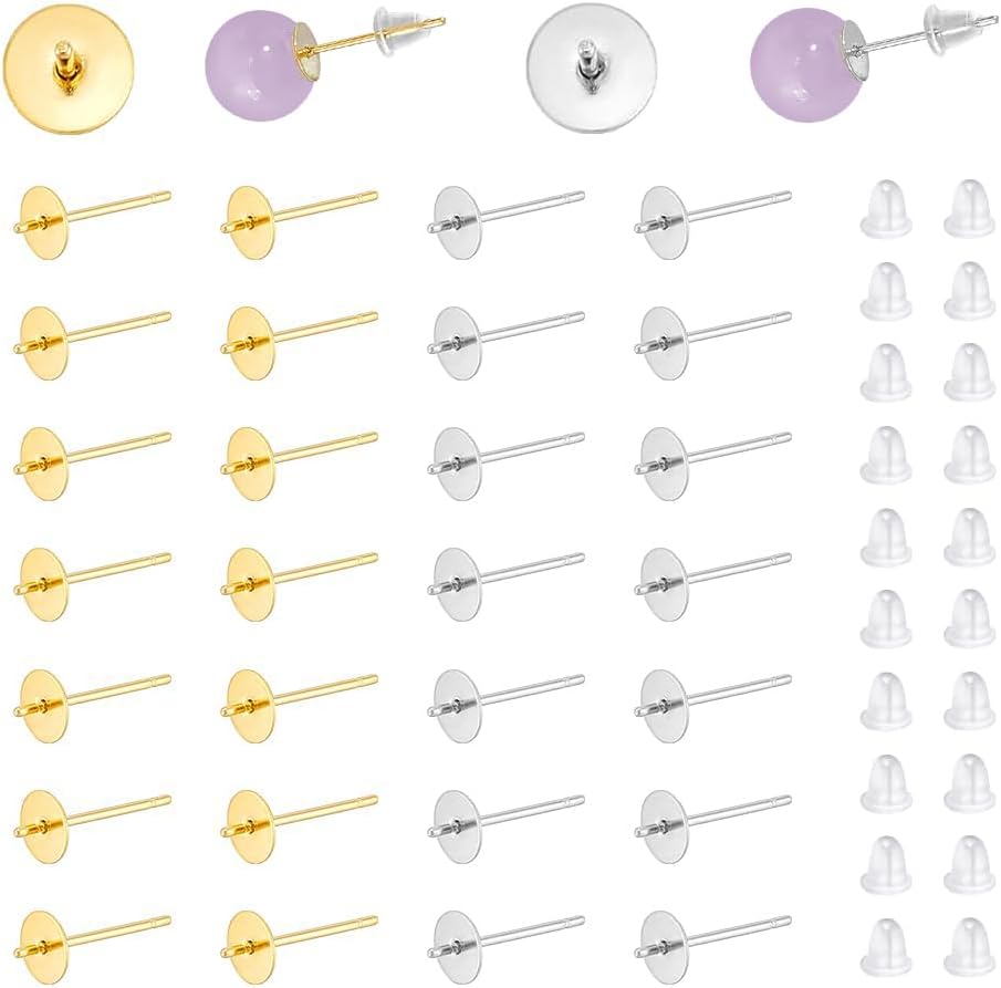 UNICRAFTALE About 200pcs 2 Colors Pearl Cup Earring Post 304 Stainless Steel Stud Earring Findings for Half Drilled Beads with 200pcs Plastic Ear Nuts for Earrings Jewelry Making Tray 5mm