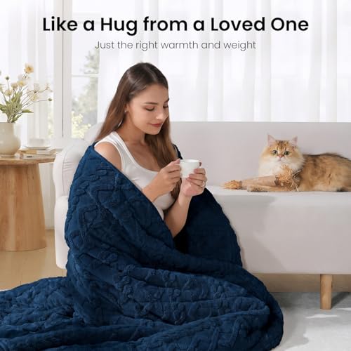 Image of Drewin Weighted Blanket for Adults Queen Size 15lbs, Soft Cozy Jacquard Sherpa Weighted Blankets for Sleeping and Calming, Fluffy Throw Blanket for Couch Bed, 60 x 80 inches, Dark Navy