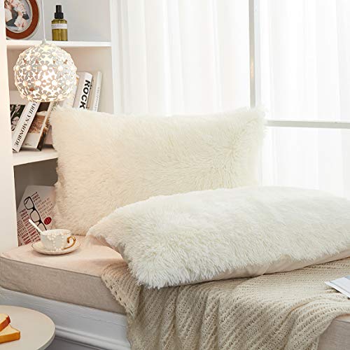Jauxio Long Faux Fur Soft Soild Decorative Pillowcase Oblong Fluffy Throw Pillow Cover Velvet Shaggy Plush Cushion Case Set Of 2 Zipper Closure King Size (20X36 Inches Cream) #TOP1