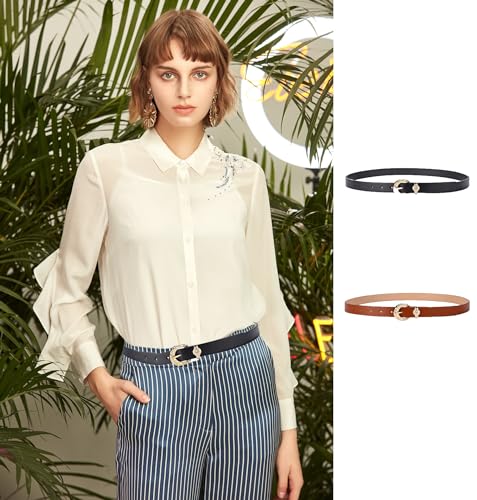 COTIM COYIN Women's Vintage Western Leather Belt with Gold Buckle, Retro Waist Belt for Jeans, Dresses and Pants3