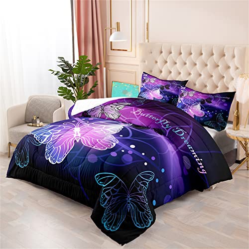 Kossmjx 3D Butterfly Comforter Set Full Size For Girls Teens, 3Pcs Purple Animals Pattern Printed Bedding Set For All-Season, Lightweight Soft Breathable Bedroom Fantasy Quilt With 2 Pillowcases #TOP1