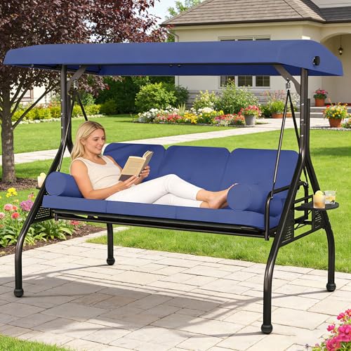 SUNCROWN Outdoor 3 in 1 Porch Swing Chair, 3 Seat Patio Swing Glider with Adjustable Canopy, Heavy Duty Swings with Thickened Cushions, Pillows & Cup Holders for Backyard, Porch, Garden,Dark Blue