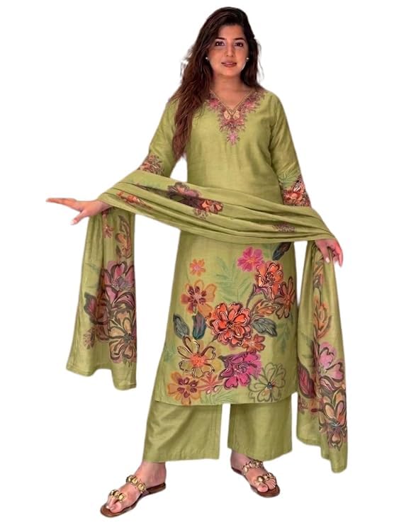 anni designer Viscose Printed Straight Kurta with Palazzo and Dupatta for Women | Viscose Brown | 3/4 Sleeve | V-Neck | Ethnic Wear Casual Wear-picture-14