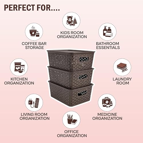 Image of JD Fresh Pack of 3 Premium Plastic Storage Basket with Lid /Smooth Handle Design & Stackable Storage Organizer /Durable Kitchen Storage Basket for Clothes, Vegetables, Fruits, Toys and Stationery(Brown)