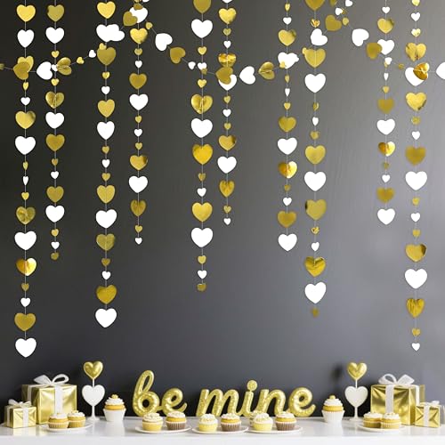 Image of White Gold Heart Garland Hanging Paper Love Heart Streamer Banner for Baptism Engagement Anniversary Valentines Day Birthday Bachelorette Mothers Day Wedding Bridal Shower Party Decorations Supplies