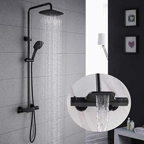 Thermostatic Shower System,Black Exposed Shower Mixer Thermostatic Set with Waterfall Bath Filler,Rain Shower Head and Hand Shower,PHASAT SB05 Cover