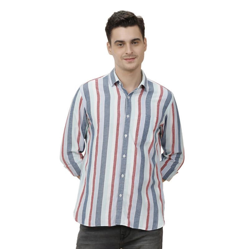 Image of Cavallo by Linen Club Men's Blended Linen Striped Contemporary Fit Full Sleeve Casual Shirt