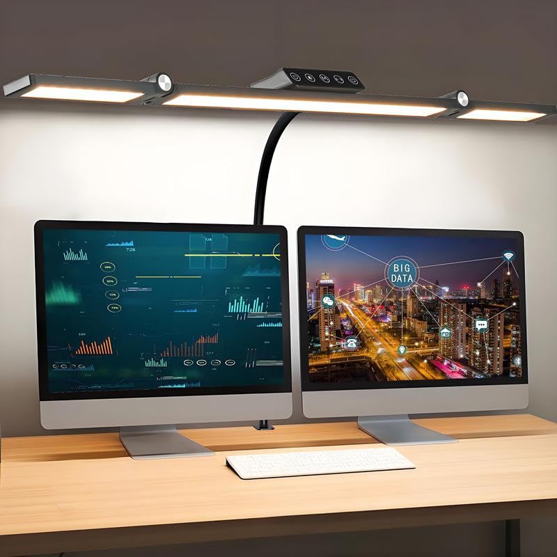 Lampada da tavolo con morsetto, lampada da tavolo a tripla testa per casa e ufficio con telecomando, luce da tavolo ultra luminosa da 24 W con oscuramento automatico