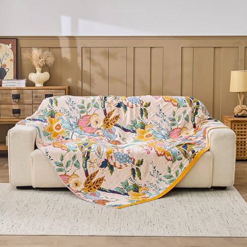 Image of XIBLC Boho Throw Blanket 100% Cotton Vintage Blanket Muslin Woven Flower Decorative Throw Blankets All Season Bohemian Rustic Farmhouse Decor Quilt for Bed (Yellow 80 inchx90 inch)