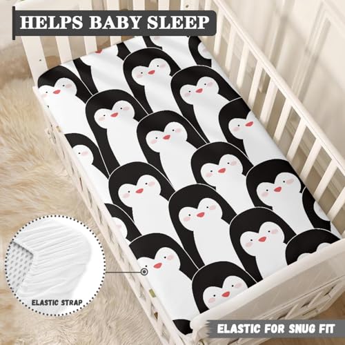 Image of Cute Penguins Fitted Crib Sheet Penguin Cartoon Baby Crib Sheet Fit Standard Crib and Toddler Mattress,Crib Mattress Sheets for Boys Girls 28 inchx52 inch