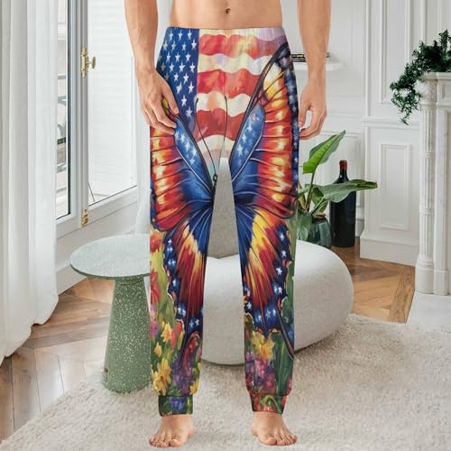 U.S Flag Butterfly Flower Men's Pajamas Pants Lightweight Sleep Lounge Pant Pjs Bottoms Casual Sleepwear2