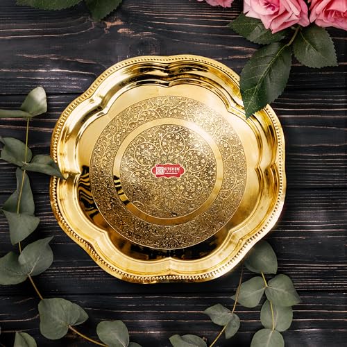 Image of Kitchen Expert Small Brass Plate | 15cm | Pooja Thali | Engraved Flower Design | Ideal for Puja /Prasad /Dia | Mandir Plate | Handcrafted Dia