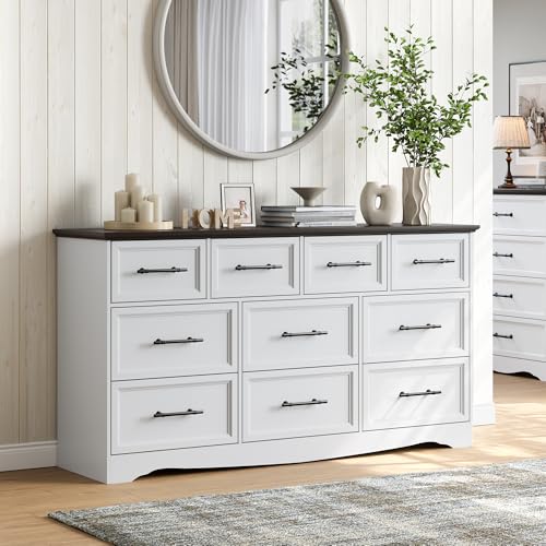 Image of Bedroom Set, 4 Pieces Bedroom Furniture Set, 59 inchW 10 Drawer Dresser, 44 inchH 6 Drawer Dresser and 3 Drawers Nightstands with Charging Station, Farmhouse Storage Organizer Cabinet for Bedroom, White