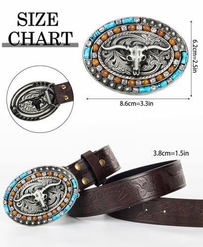 Western Cowboy Belt – Floral Longhorn Bull Buckle Embossed Vintage Genuine Leather Unisex 25"-38".2