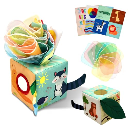 Taschentuchbox-Spielzeug, ReißFestes Quadratisches Stoffsimulationspapier, Geeignet füR SäUglinge und Kleinkinder Im Alter von 0–3 Jahren FrüHkindliche Bildung (3 Ringpapier + 10 Seidenschals).