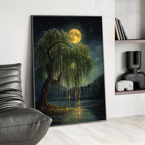 Toile art mystique pleine lune et ciel nocturne doré 70x100cm