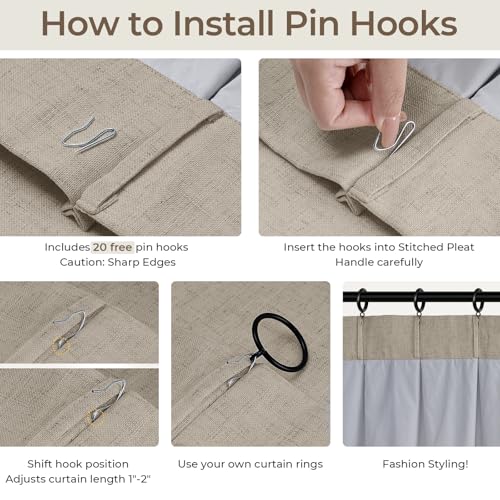 Pinch Pleated Blackout Curtains 84 Inch Long, Linen Blend, 100% Blackout Drapes with 20 Hooks, Ideal for Bedroom and Living Room, 40" W x 84" L (Pack of 2), Dark Flax